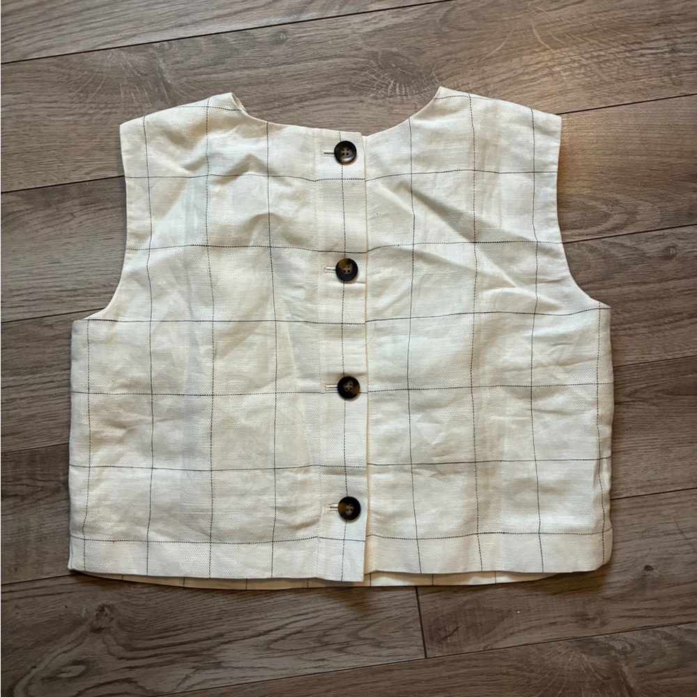 Ann Taylor Petite Button Back Cropped Top in Windowpane Linen Blend size 4P - Picture 3 of 7